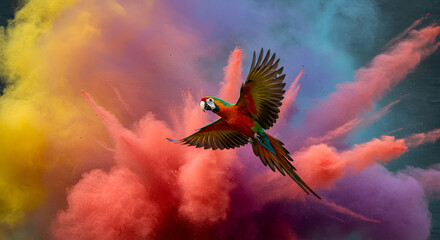 Flying Ara parrot over colourful powder explosion,colours, genus, design, fauna, artistic, isolate