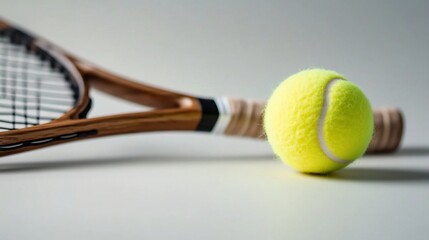 Tennis racket with ball on light gray background. Close-up shot