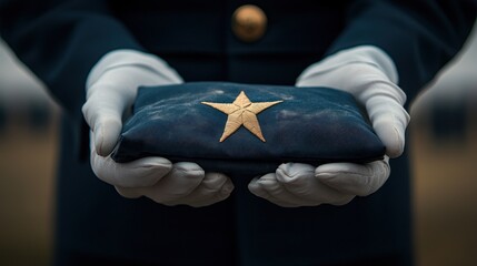 Soldier's careful hands present folded flag outdoors