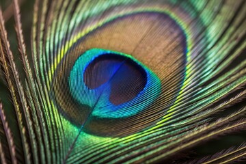 Obraz premium Peacock Feather Displaying Vibrant Iridescence in Close up View Generative AI