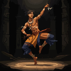 Man Performing Ritual Dance with Body Paint in a Dark Cave