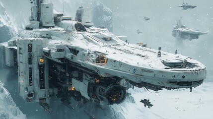 Futuristic Spaceship Docked in Snowy Mountains