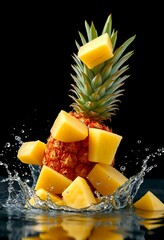 A pineapple and its slices are floating in the midair along with water splashes on dark background