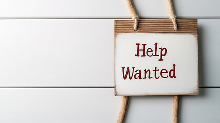 Help wanted sign hanging on wooden background