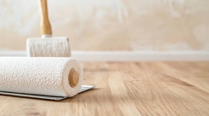 White paint roller on tray with paint on wooden surface
