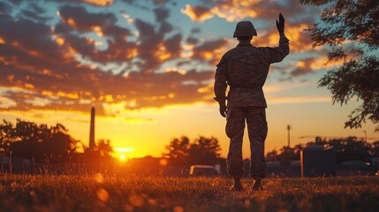 Obraz premium Soldier saluting sunset, military base, patriotic scene
