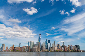 A view of the New York financial district fom Paulus Hook Pier in Jersey City, New Jersey.New York, United States. Manhattan New York NY NYC Skyline. Lower Manhattan and One World Trade Center in New
