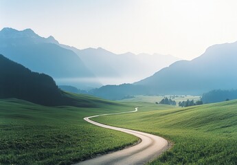 Naklejka premium Serpentine Road Through Lush Green Valley Surrounded by Majestic Mountains Under Clear Sky in the Early Morning Light