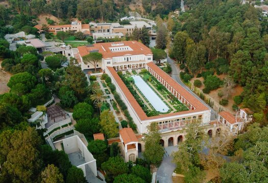 Aerial view of the Getty Villa, a museum and educational center dedicated to the study of the arts and cultures of ancient Greece, Rome, and Etruria. Los Angeles,  California, USA. 9 September 2024