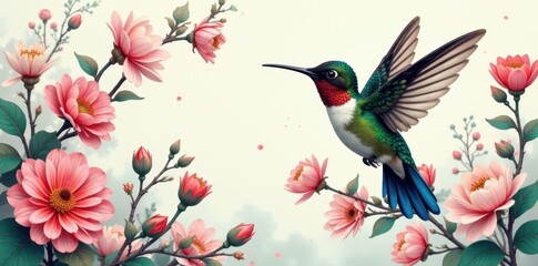 Whimsical hummingbird amidst blooming flowers, Chinoiserie-inspired porcelain pattern , motif, style, print