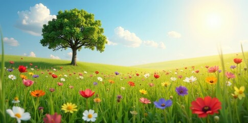 Obraz premium Wildflowers carpet meadow, single tree in soft sunlight, pretty, clouds