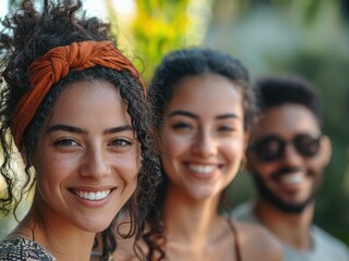 Fototapeta premium Joyful group of friends enjoying a sunny day outdoors with smiles and vibrant natural surroundings