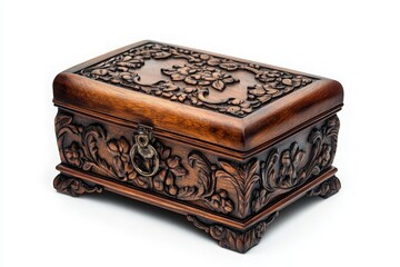 Intricately Carved Wooden Jewelry Box on White Background - A Stunning Display of Craftsmanship and Design Perfect for Showcasing Unique Jewelry Pieces