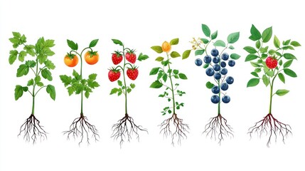Berry & tomato plants with roots, growth stages