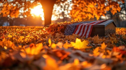 Autumn sunset, American flag draped coffin, leaves