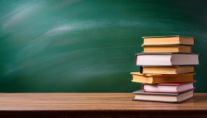 stack of books on wooden table in a classroom green chalkboard in the background