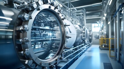 Fototapeta premium A large industrial machine with a large round opening. The machine is surrounded by pipes and has a metallic appearance