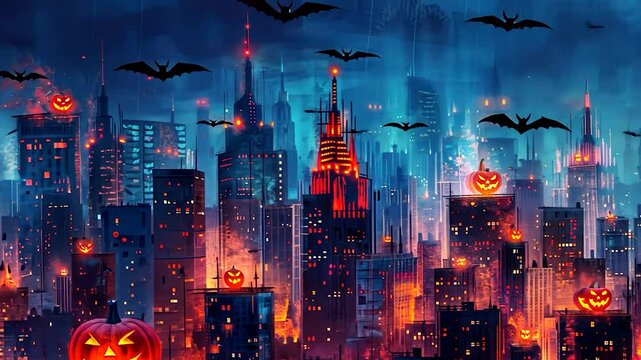 Halloween Night in the Cityscape: Jack-o'-lanterns and Bats