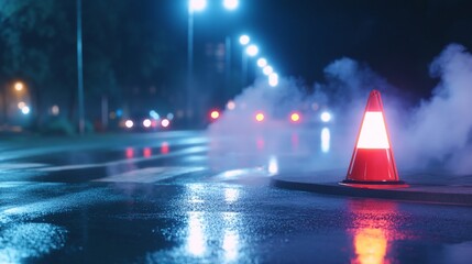 Wet, night city street scene with a traffic cone and steam