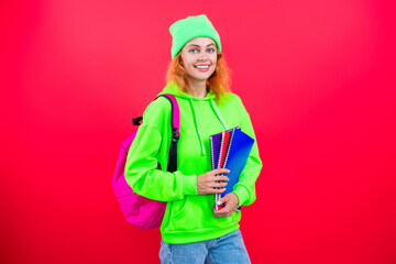 Back to school. Knowledge day. Education in university. Woman isolated on pink. September 1. Knowledge and education. School education. Students life. Woman student in university. Knowledge base