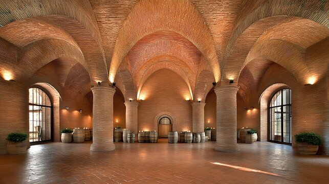 Grand, arched brick winery interior.