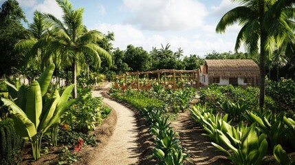 Fototapeta premium Tropical Garden Path to Hut.
