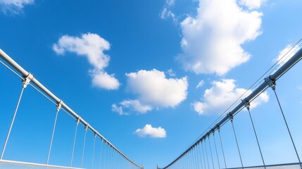 Cable-stayed bridge structure against a clear blue sky with fluffy clouds