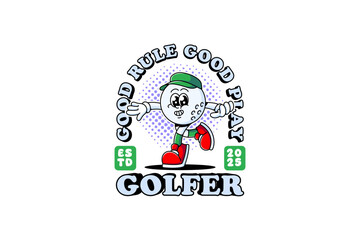 golf ball retro cartoon character mascot illustration with wearing cap, dancing pose and showing cheerful face for golf sport club mascots and merchandise