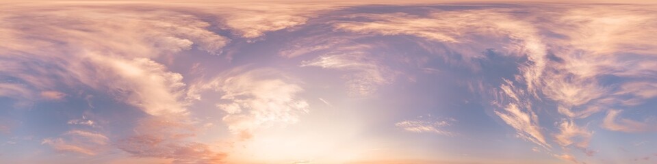 Obraz premium Sunset sky with bright glowing pink Cumulus clouds. Seamless spherical HDR 360 panorama. Full zenith or sky dome in 3D, sky replacement for aerial drone panoramas. Climate and weather change.