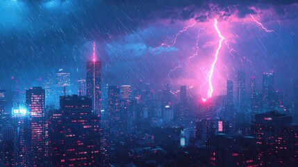 Naklejka premium Dramatic Thunderstorm Over Urban Skyline with Bright Lightning Strikes and Colorful City Lights at Night