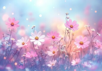 Soft Focus Floral Landscape with Blurred Background Featuring Delicate Pink and White Flowers in a Serene Dreamy Setting