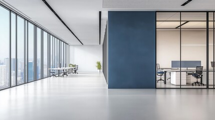 Fototapeta premium A modern, minimalist office interior with a large wall dividing the space from a view of another office area