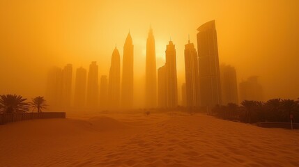 Desert Landscape with Silhouetted Skyscrapers During Dust Storm at Sunset in Urban Cityscape