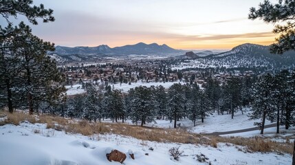 Fototapeta premium A scenic winter landscape overlooking a snowy town at dusk