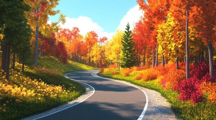 Naklejka premium Autumnal Road Winding Through Vibrant Fall Foliage: A Picturesque Drive
