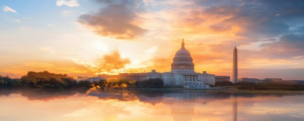 Fototapeta premium Government building and monument reflecting in the calm water during sunset