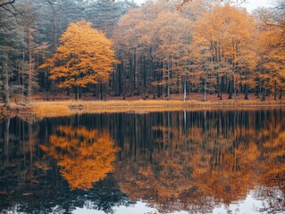 Fototapeta premium Autumn Lake Reflection for Misty Forest.