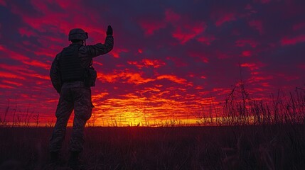 Soldier salutes fiery sunset over field