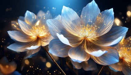 luminous flowers with intricate textured petals in shades of white and blue radiating golden light a dark background with glowing particles enhances its magical and elegant feel