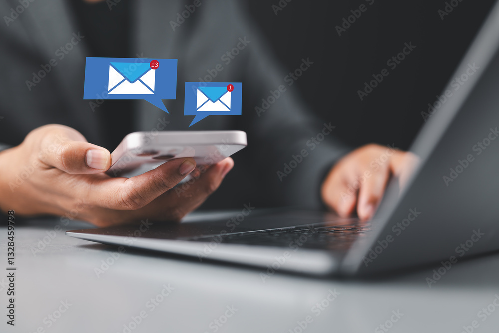 Poster Businessman using smartphone with email. Business email communication in the digital age new messages and alerts. Inbox with email Marketing Strategy and Notifications. internet technology.