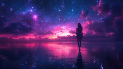 Fototapeta premium A silhouetted woman stands on a large beach at twilight, gazing at the ocean as stars twinkle above and vibrant colors fill the sky, creating a serene atmosphere.