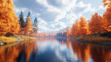 Obraz premium Autumnal Serenity: A picturesque lake mirroring vibrant fall foliage and majestic mountains under a partly cloudy sky
