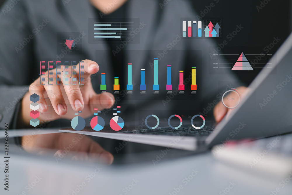 Poster Dashboard Analyst utilizing technology with charts data science and Big Data technology for business, Strategic data management system with KPI organization performance with technology and metric