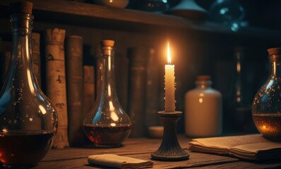Candlelit alchemy scene with bottles