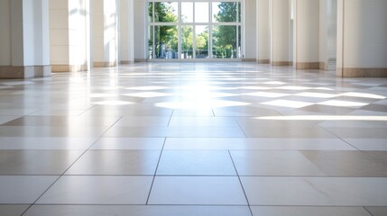 Obraz premium Sunlight streams through a large window onto a tiled floor