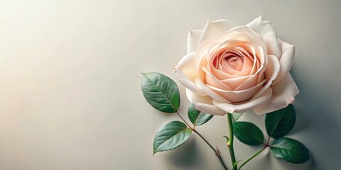 A single, delicate blush rose, elegantly poised against a muted background, showcases its soft petals and vibrant green leaves.