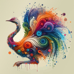 Fantasy world. Vector illustration of a fantastic ostrich bird isolated on a light background. Abstract watercolor drawing. EPS 10 version.