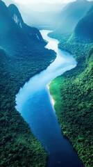 Serene River Winding Through Lush Green Mountains