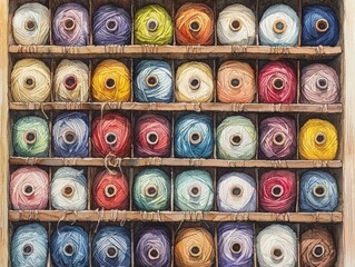 Fototapeta premium Colorful Threads on Shelves in a Brightly Lit Craft Room Displaying Textile Materials for Sewing Projects