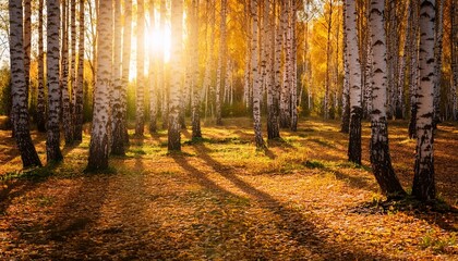 Obraz premium golden sunlight illuminates autumn birch forest floor